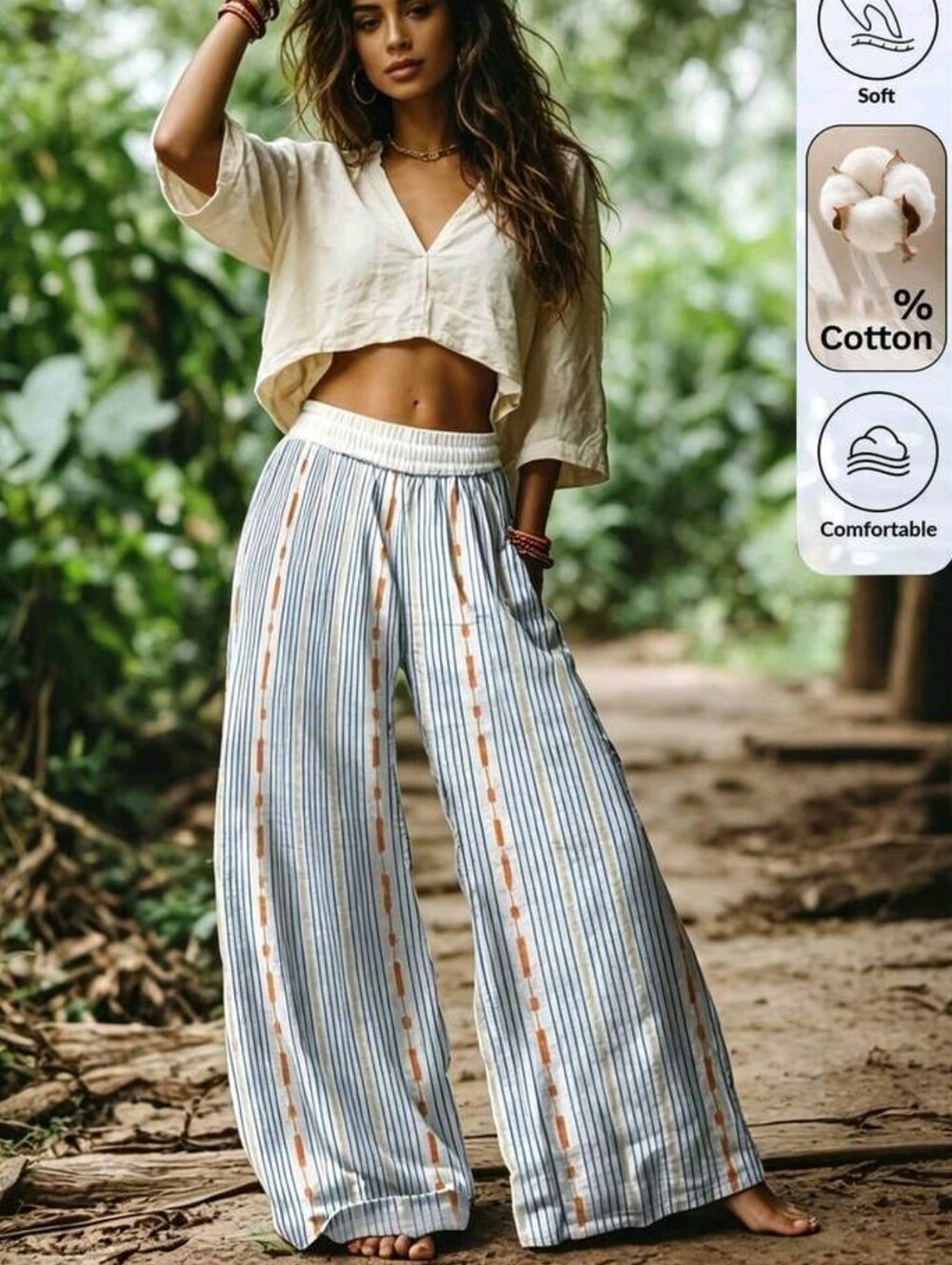 Cotton Women Casual Boho Holiday Printed Striped Long Pants Holiday Vacation - Picture 3 of 4